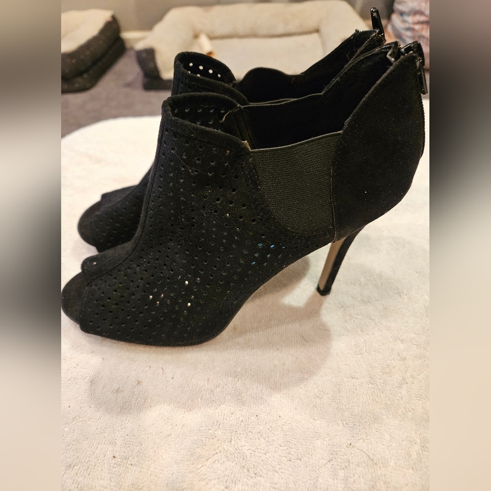 Madden Girl Black Suede Peep-Toe Perforated Stiletto Booties